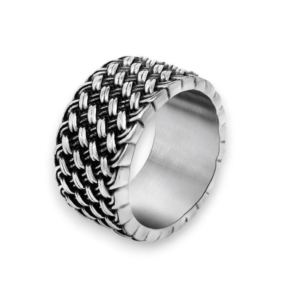 Silver Basket Weaved Stainless Steel Wide Band Ring NEW - Picture 3 of 4